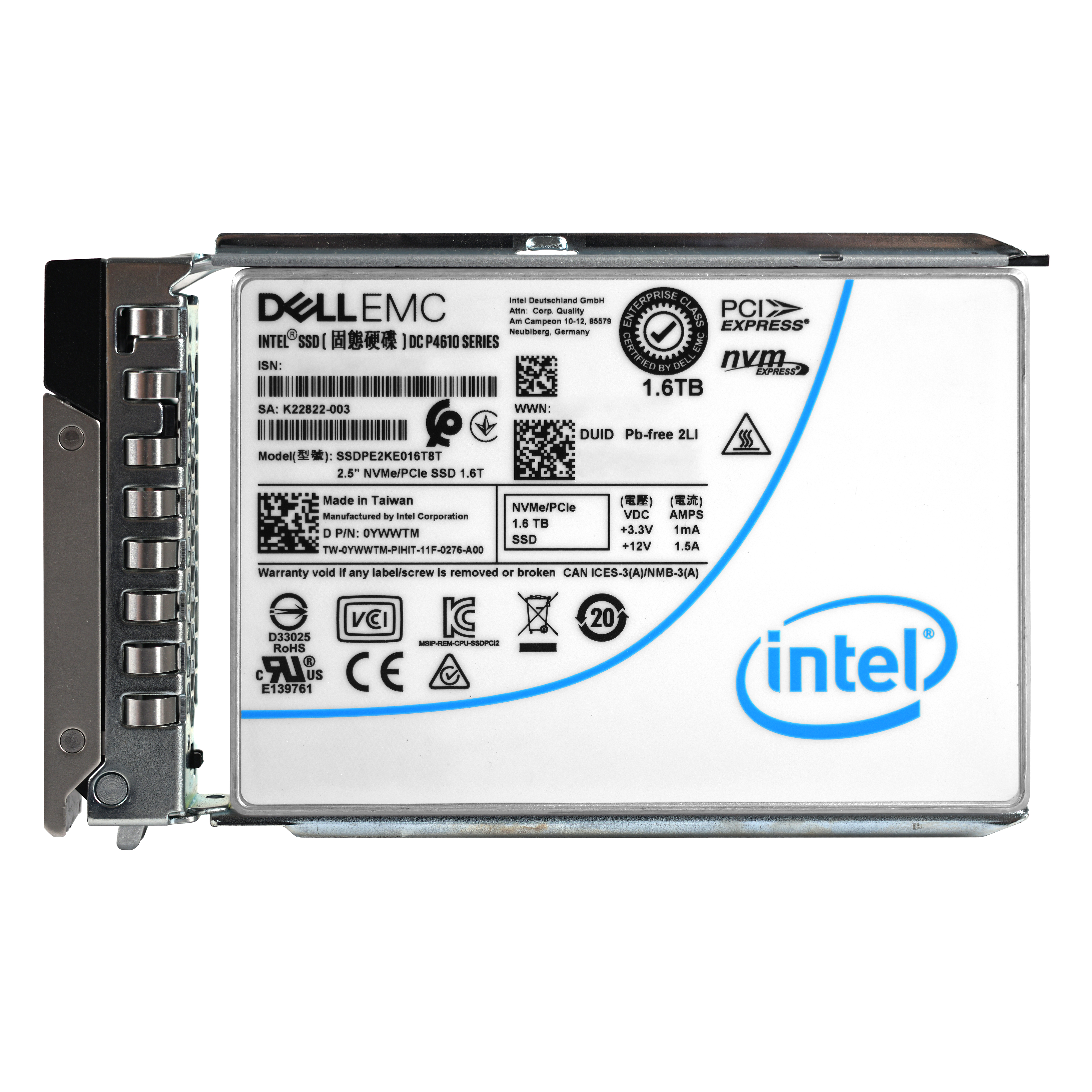 Dell YWWTM DC P4610 Series 1.6TB NVMe U.2 TLC Mixed Use 2.5'' SSD + 14 Gen Caddy - Afbeelding 3 van 3