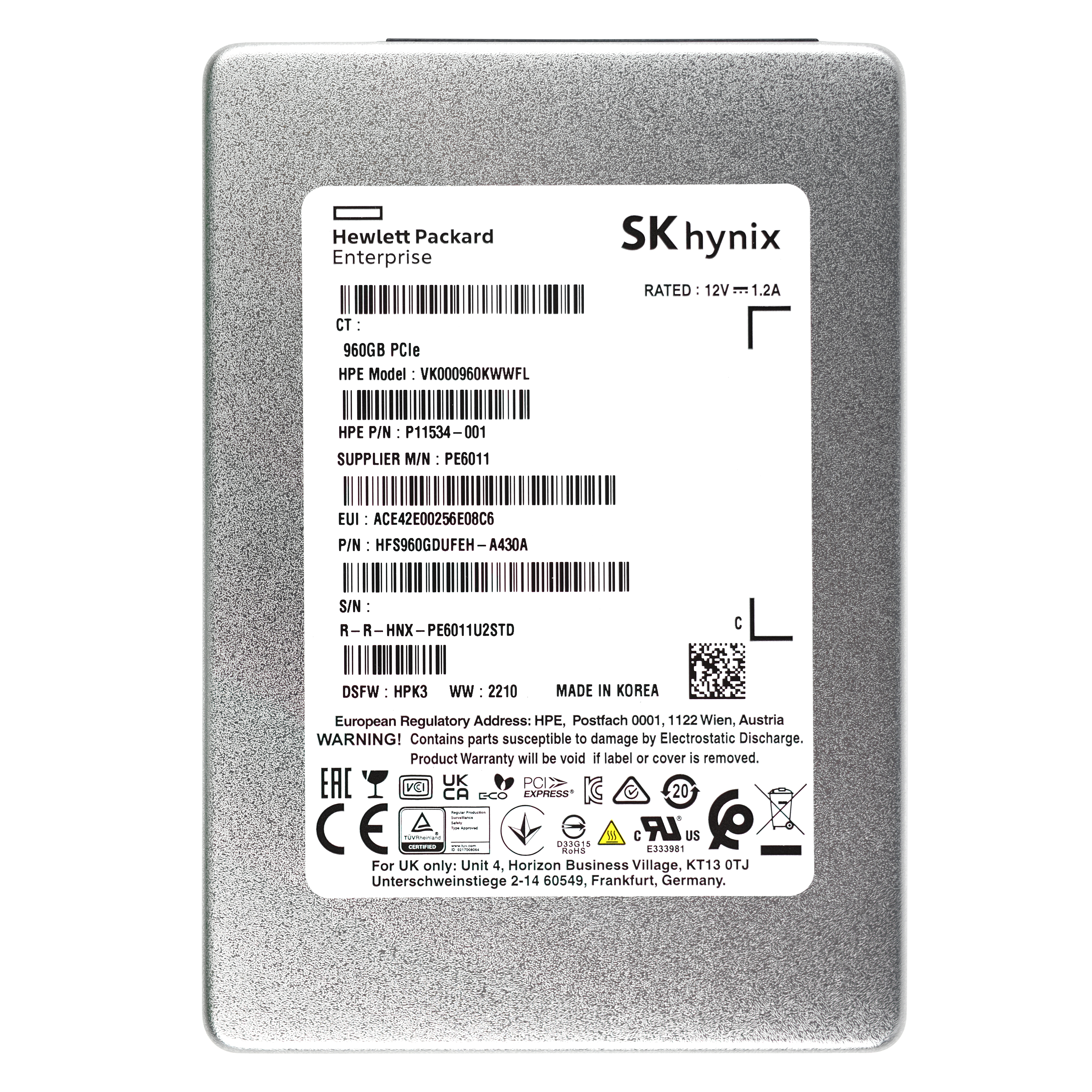 New HP P11534-001 SK Hynix PE6011 960GB NVMe U.2 3D NAND TLC Read-Intensive SSD - Afbeelding 3 van 3